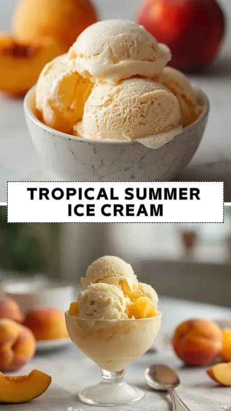 Tropical Summer Ice Cream – Easy Homemade Frozen Dessert Creamy tropical summer ice cream scoops served in bowls with fresh peach slices and seasonal fruit