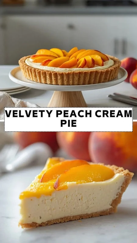 Velvety Peach Cream Pie Recipe for Easy Summer Desserts Velvety peach cream pie with fresh peach slices and smooth creamy filling in a buttery tart crust