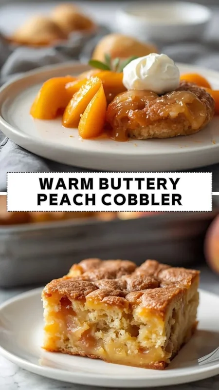 Warm Buttery Peach Cobbler – Easy Homemade Peach Dessert Warm buttery peach cobbler topped with whipped cream and served with juicy peach slices on a dessert plate