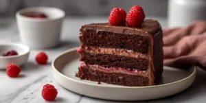 Rich Dark Chocolate Raspberry Cake with luscious raspberry filling