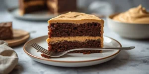 Rich Peanut Butter Chocolate Cake with creamy peanut butter frosting