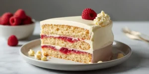 Creamy White Chocolate Raspberry Cake with vibrant raspberry layers