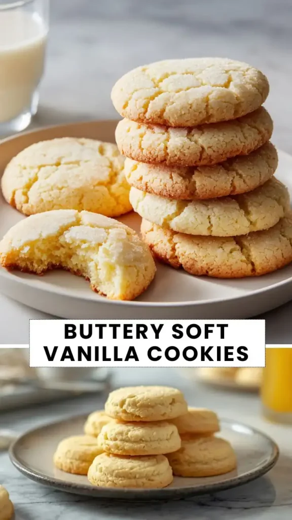 Buttery Soft Vanilla Cookies Recipe Buttery soft vanilla cookies with crackled sugar tops stacked on a plate, with one cookie showing a tender interior.