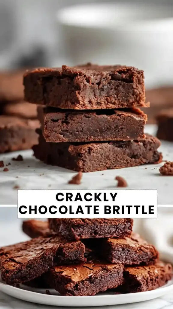 Crackly Chocolate Brownie Brittle Recipe Crackly chocolate brownie brittle stacked on a plate with crisp edges and a rich fudgy chocolate texture.