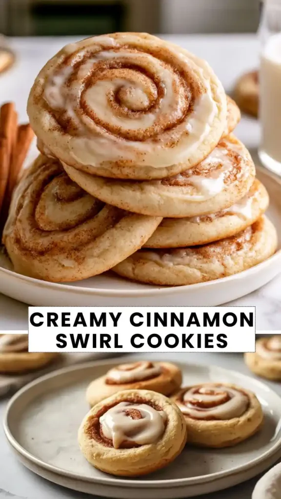 Creamy Cinnamon Swirl Cookies Recipe Soft cinnamon swirl cookies topped with creamy vanilla icing and served on a white plate.