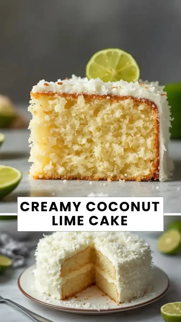 Slice of creamy coconut lime cake with white coconut frosting, shredded coconut, and fresh lime garnish.