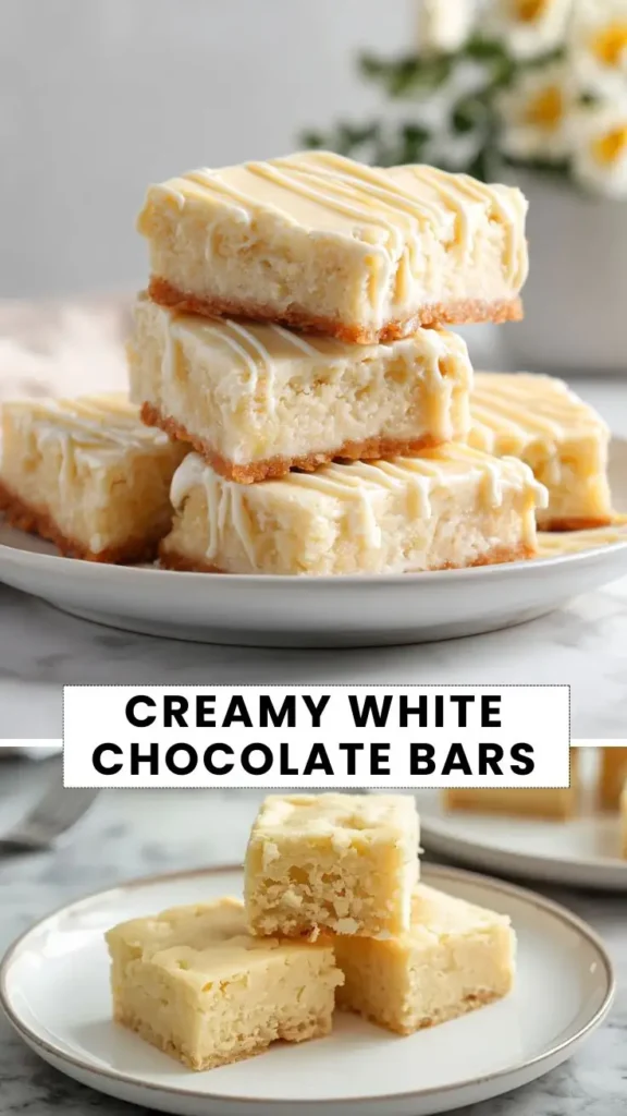 Creamy white chocolate bars with a buttery crust and smooth white chocolate topping, stacked on a serving plate.