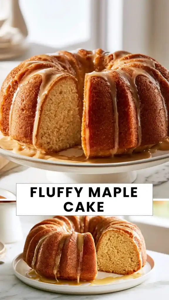 Fluffy Maple Cake Recipe Fluffy maple Bundt cake topped with sweet maple glaze and sliced to reveal a soft, tender crumb.