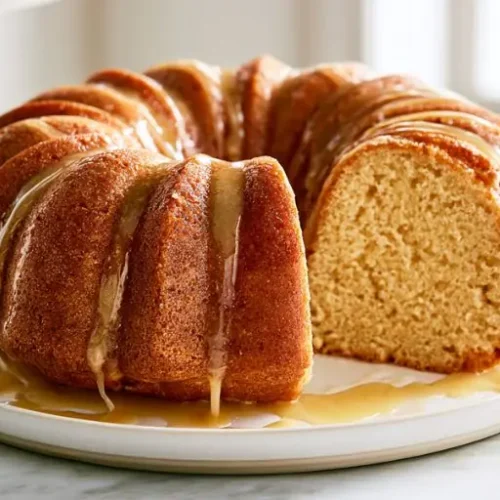 Fluffy maple Bundt cake drizzled with maple glaze and sliced to reveal a soft, moist interior on a serving plate.