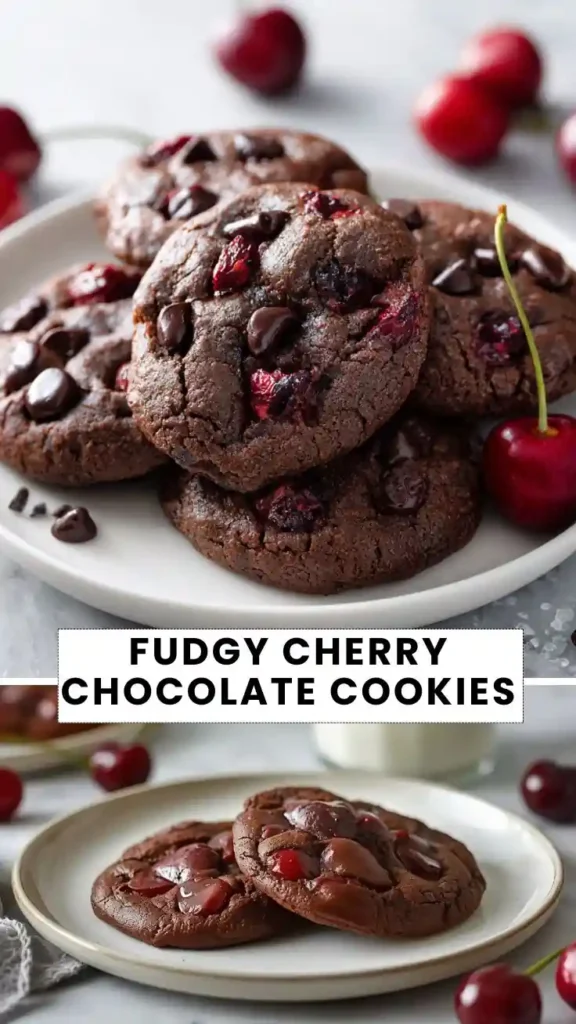 Fudgy Cherry Chocolate Cookies Recipe Fudgy cherry chocolate cookies loaded with chocolate chips and tart cherries, served on a white plate.