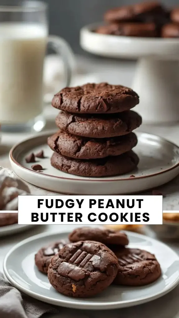 Fudgy Peanut Butter Cookies Recipe Soft fudgy peanut butter chocolate cookies stacked on a plate with rich chocolate chunks and a glass of milk.
