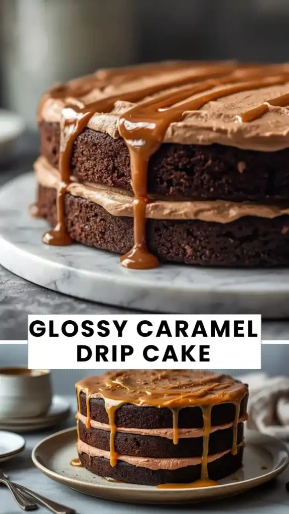 Two-layer chocolate cake with smooth chocolate frosting and a glossy caramel drip, displayed on a serving plate.