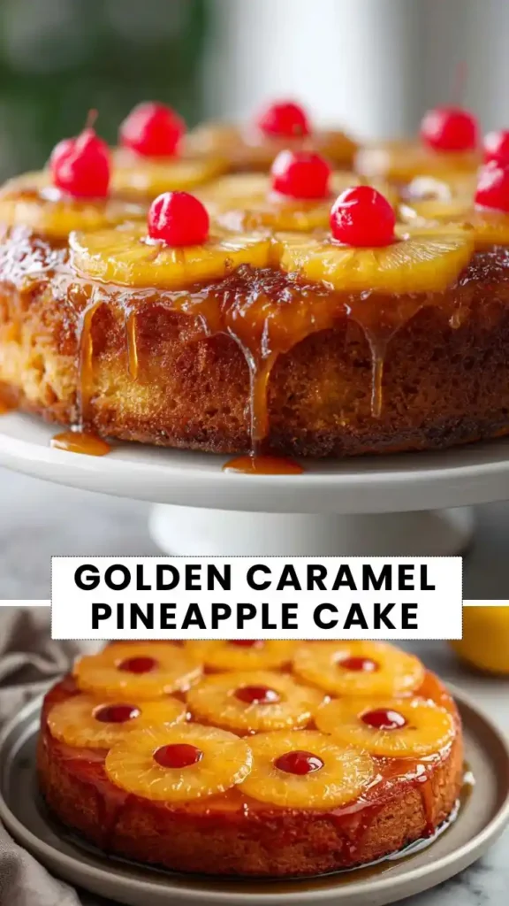 Golden caramel pineapple upside-down cake topped with pineapple rings, maraschino cherries, and glossy caramel glaze.