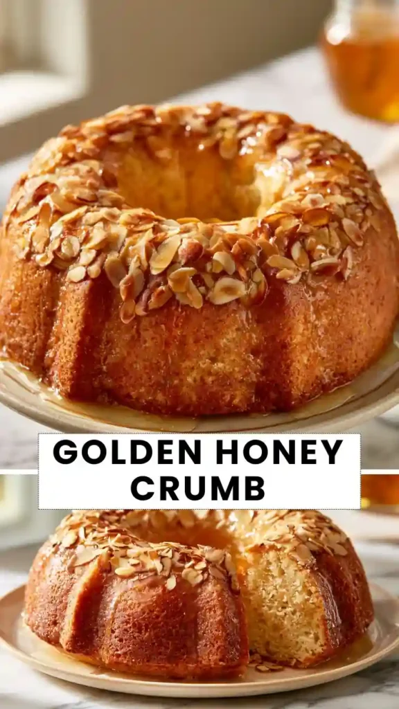 Golden Honey Crumb Cake Recipe Golden honey Bundt cake topped with sliced almonds and a glossy honey glaze, with a slice removed to reveal its soft crumb.