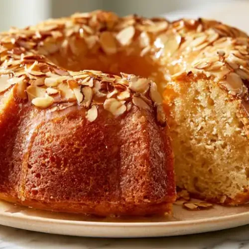 Golden honey Bundt cake topped with toasted sliced almonds and honey glaze, with a slice removed to reveal its moist crumb.
