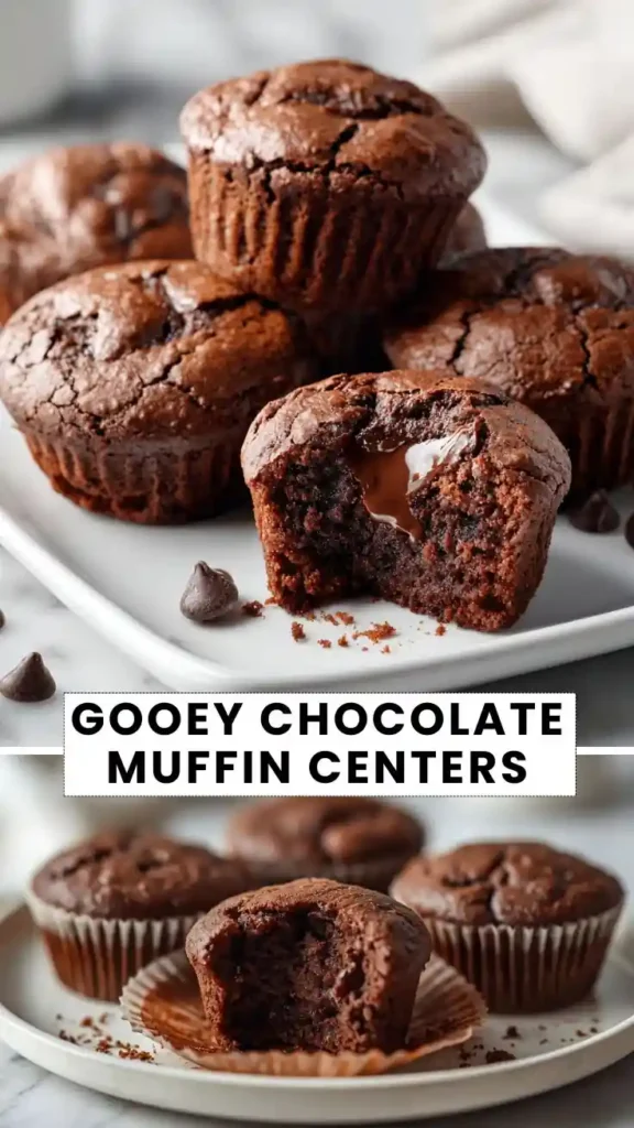 Gooey chocolate muffins with molten chocolate centers, stacked on a serving plate with chocolate chips.
