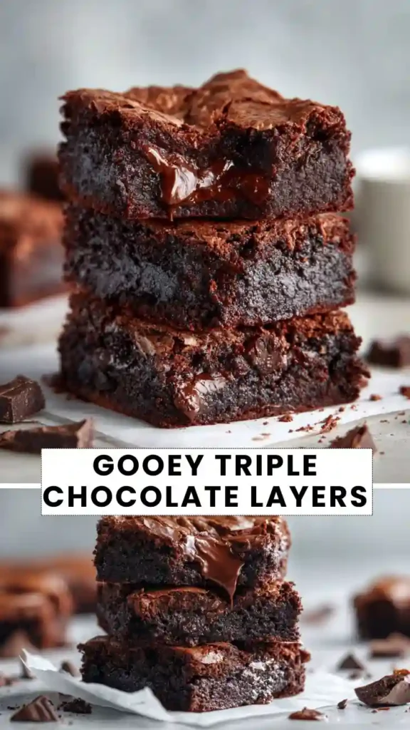 Stack of gooey triple chocolate brownies with a rich fudgy texture and melted chocolate center.