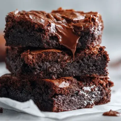 Stack of gooey triple chocolate brownies with melted chocolate filling and a rich fudgy texture on parchment paper.