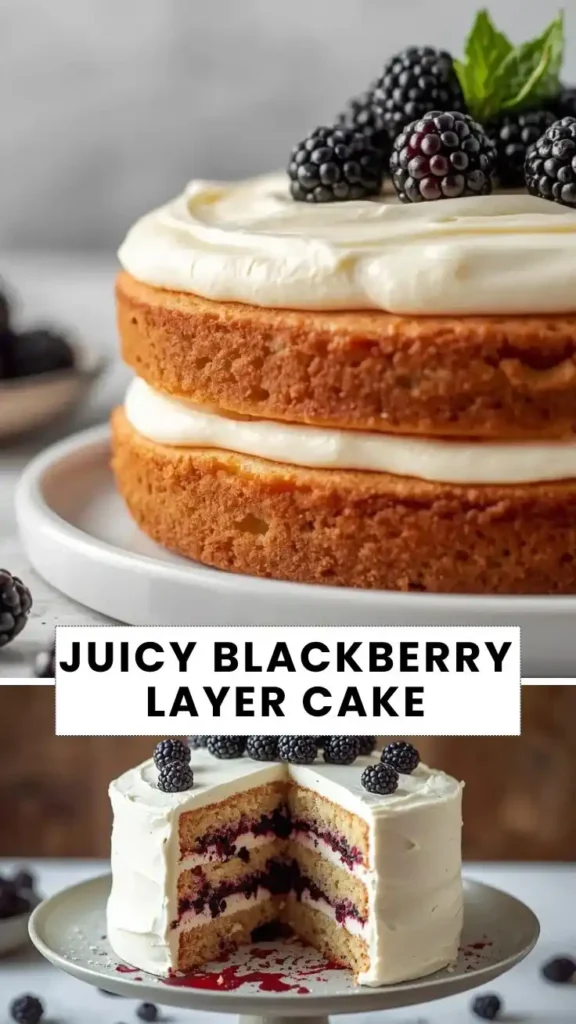 Juicy Blackberry Layer Cake Recipe Blackberry layer cake with creamy vanilla frosting, fresh blackberries, and a juicy blackberry filling between soft cake layers.