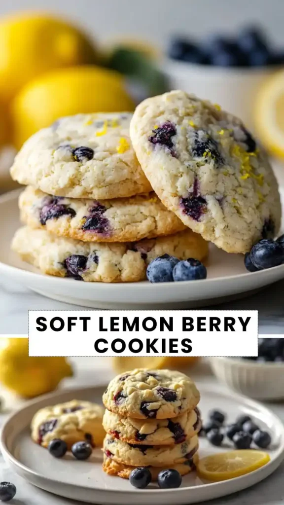 Soft lemon berry cookies filled with juicy blueberries and fresh lemon zest, stacked on a white plate.
