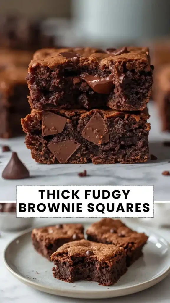 Thick Fudgy Brownie Squares Recipe Thick fudgy chocolate brownie squares with gooey melted chocolate chunks stacked on a countertop and served on a plate.