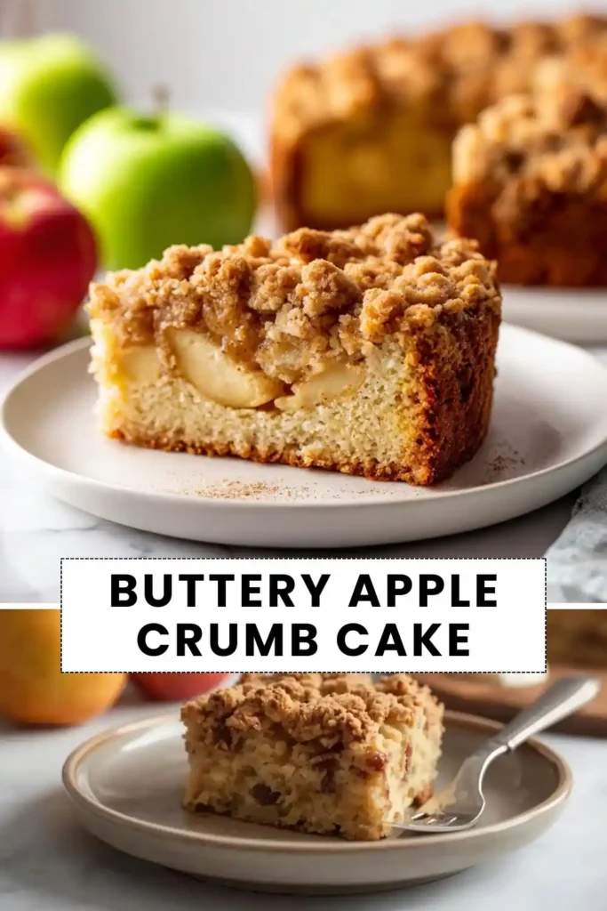 Buttery apple crumb cake topped with cinnamon streusel and tender baked apple slices on a dessert plate.