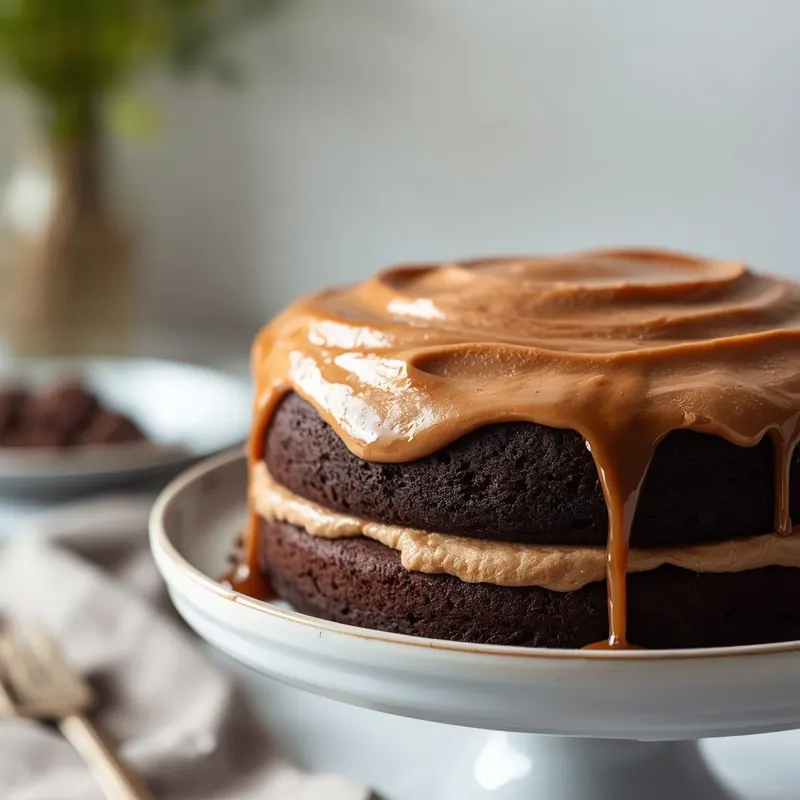 Rich Chocolate Salted Caramel Cake with silky caramel frosting