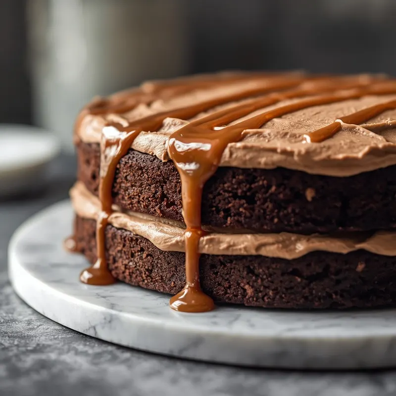 Rich Chocolate Salted Caramel Cake with silky caramel frosting