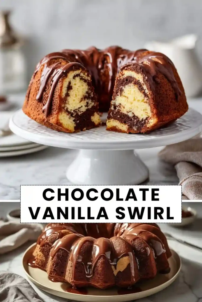 Chocolate Vanilla Swirl Cake Recipe | Easy Marble Bundt Cake Chocolate vanilla swirl Bundt cake with rich chocolate glaze, sliced to reveal a moist marble pattern.