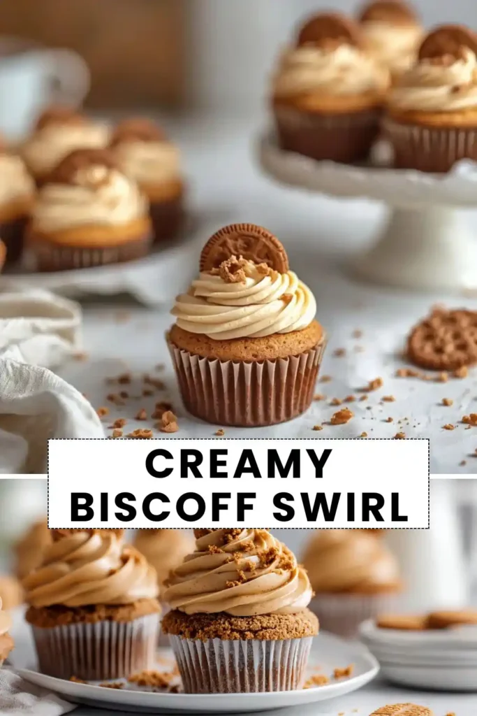 Creamy Biscoff Swirl Cupcakes Hero Soft Biscoff cupcakes topped with creamy Biscoff buttercream frosting and Lotus Biscoff cookie crumbs.