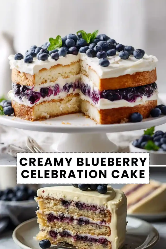 Creamy blueberry celebration cake layered with vanilla cake, blueberry filling, whipped frosting, and fresh blueberries.