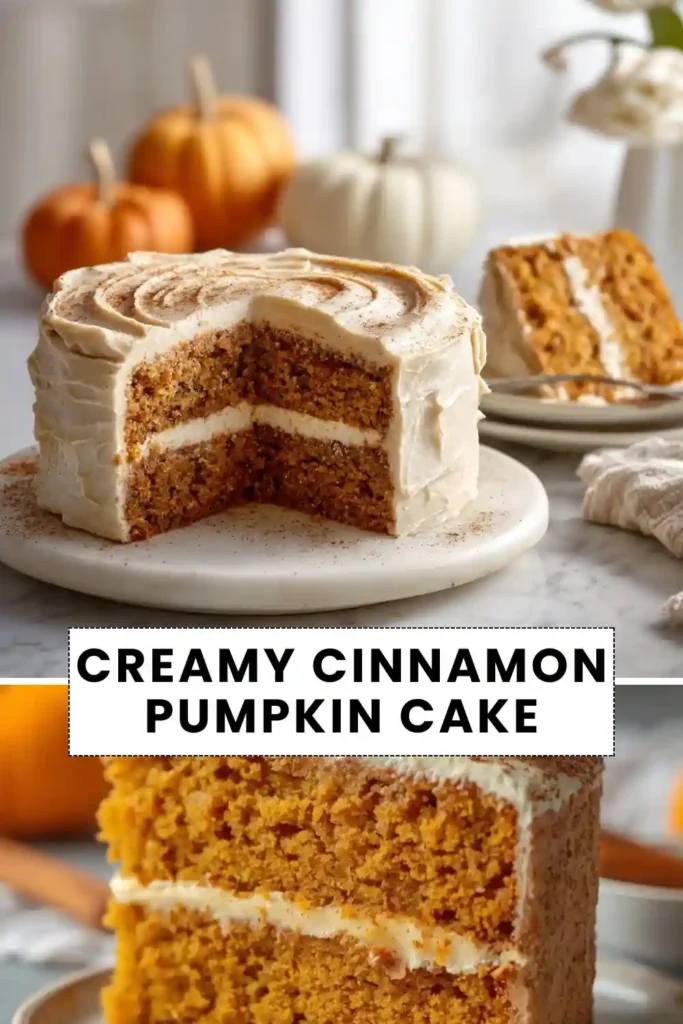 Creamy cinnamon pumpkin layer cake with smooth cream cheese frosting and spiced pumpkin cake layers.