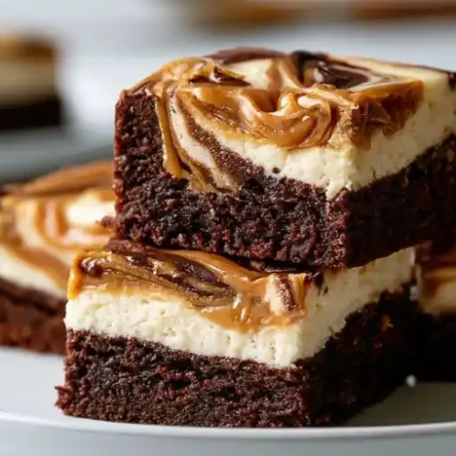 Creamy cookie butter cheesecake brownies with rich chocolate brownie layers, smooth cheesecake filling, and swirls of cookie butter.