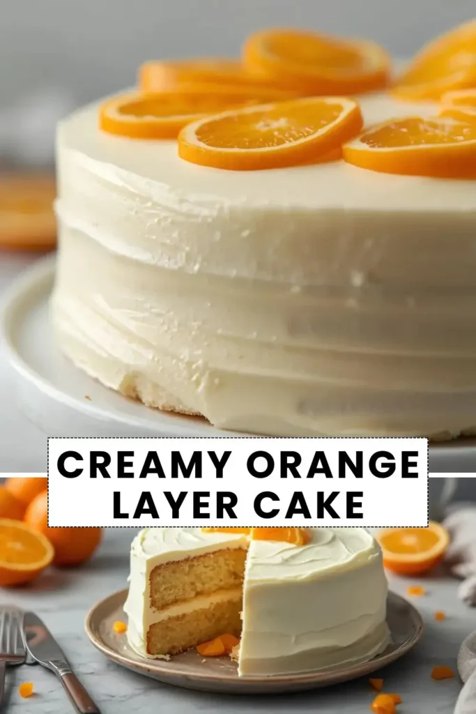 Creamy orange layer cake with smooth vanilla frosting and fresh orange slices decorating the top.