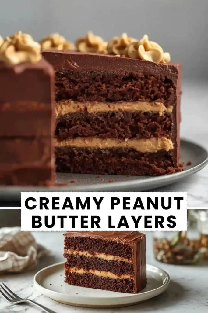 Chocolate layer cake with creamy peanut butter filling and smooth chocolate ganache frosting, served as a sliced dessert.