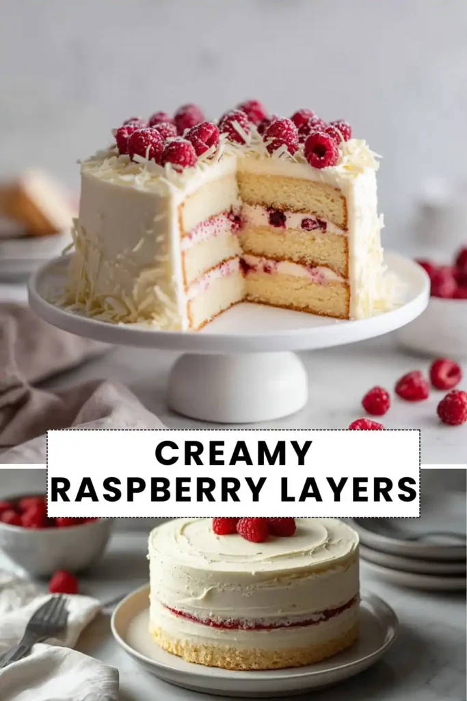 Creamy raspberry layer cake with fluffy vanilla frosting, fresh raspberries, and soft vanilla sponge layers.