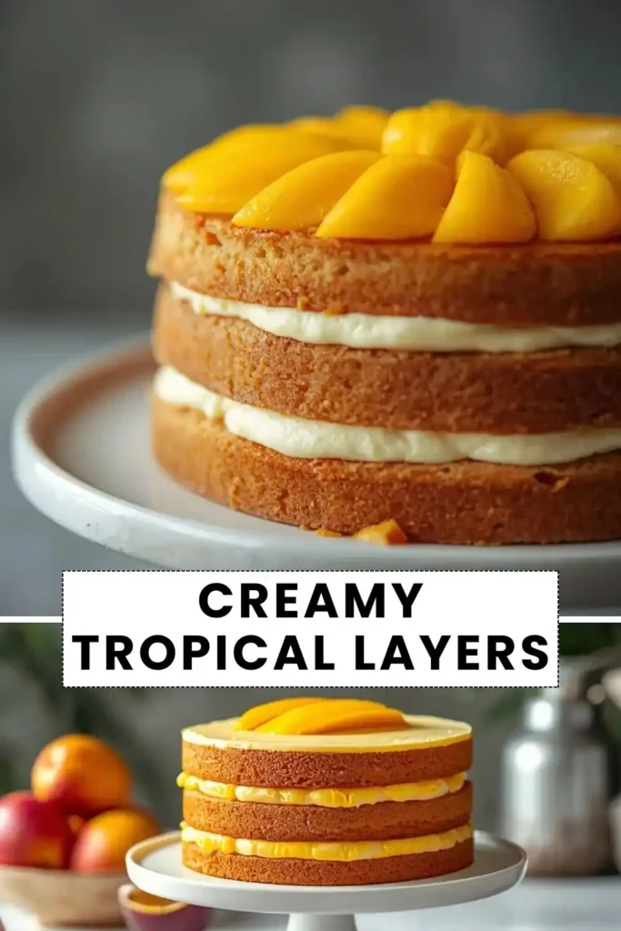 Creamy tropical layer cake topped with fresh mango slices and filled with smooth vanilla cream between golden sponge cake layers.
