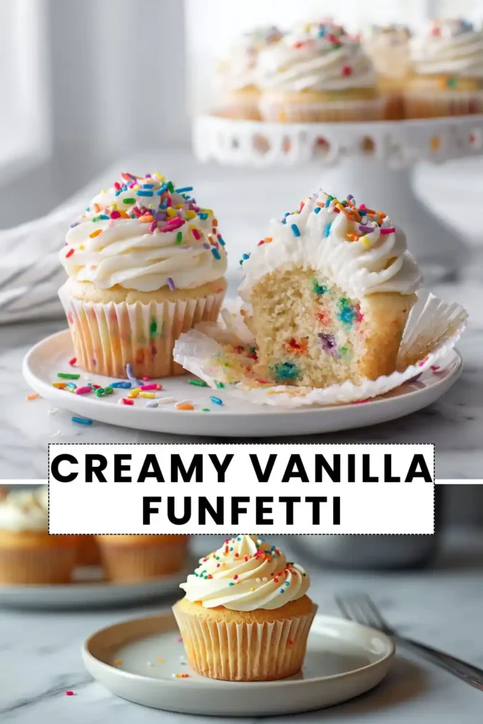 Soft vanilla funfetti cupcakes topped with creamy vanilla buttercream frosting and colorful rainbow sprinkles on a serving plate.