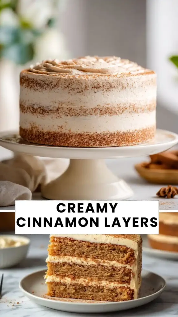 Creamy Cinnamon Layer Cake Recipe | Easy Cinnamon Cream Cheese Cake Creamy cinnamon layer cake with smooth cream cheese frosting and a dusting of cinnamon, served on a white cake stand.