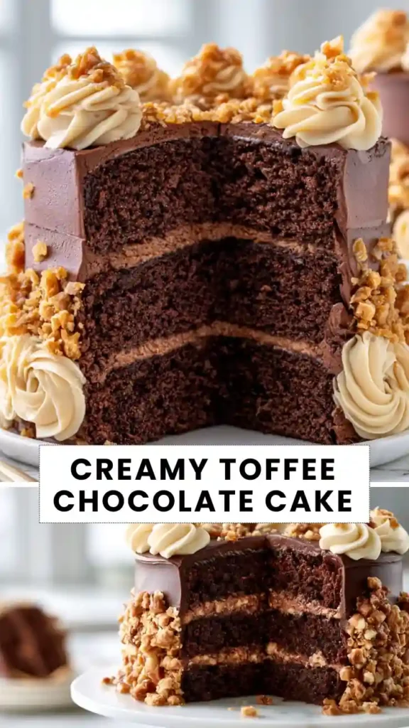 Creamy toffee chocolate layer cake with rich chocolate frosting, creamy toffee filling, buttercream swirls, and crunchy toffee topping.