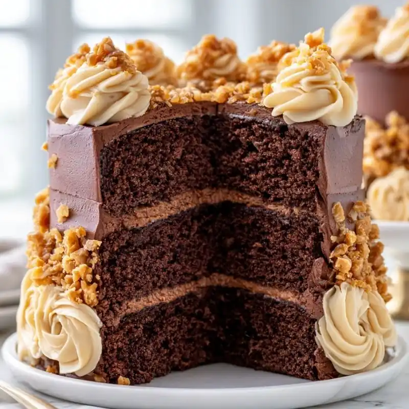 Creamy toffee chocolate layer cake with rich chocolate frosting, fluffy buttercream swirls, and crunchy toffee topping.