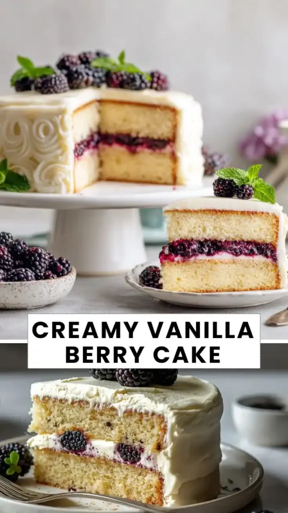 Creamy vanilla berry layer cake with blackberry filling and smooth vanilla frosting, garnished with fresh blackberries and mint.