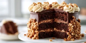 Decadent Chocolate Toffee Crunch Cake with crunchy topping