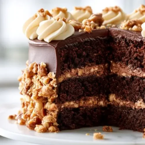 Decadent chocolate toffee crunch layer cake with rich chocolate frosting, crunchy toffee pieces, and creamy filling.