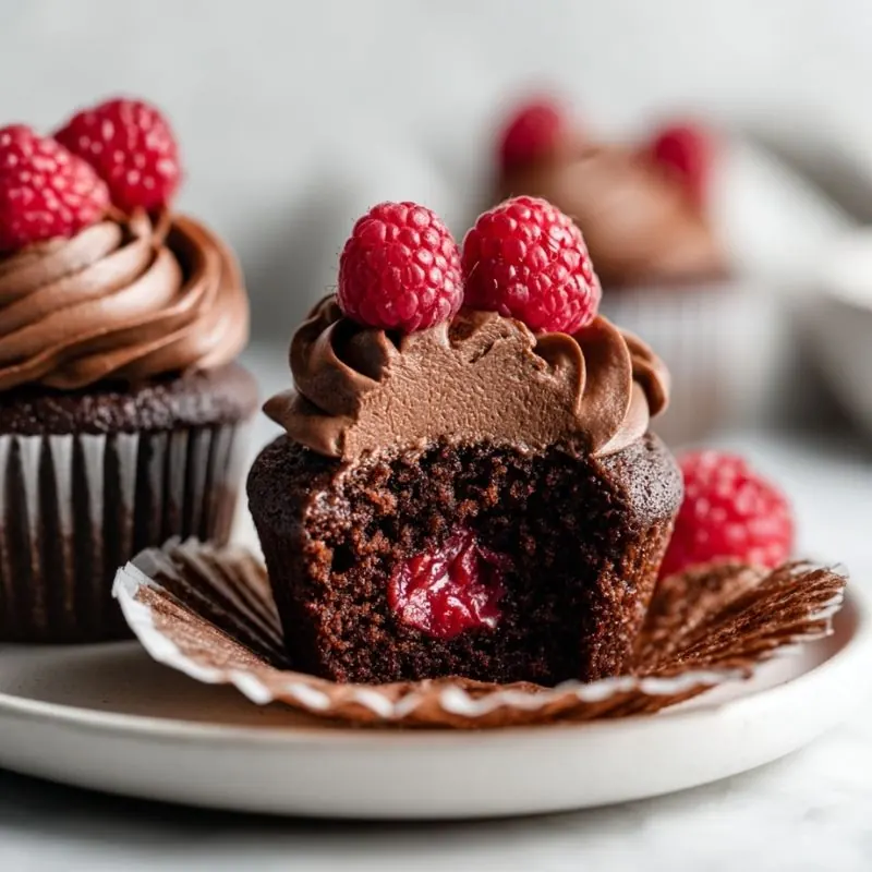 Elegant Raspberry Ganache Chocolate Cupcakes Rich chocolate cupcake filled with raspberry center, topped with chocolate ganache frosting and fresh raspberries.