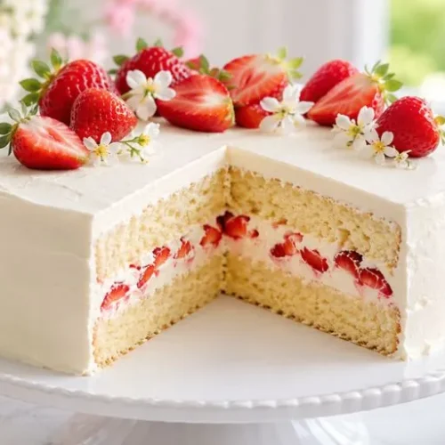 Fluffy strawberry layer cake with fresh strawberries, vanilla sponge, and creamy whipped frosting.