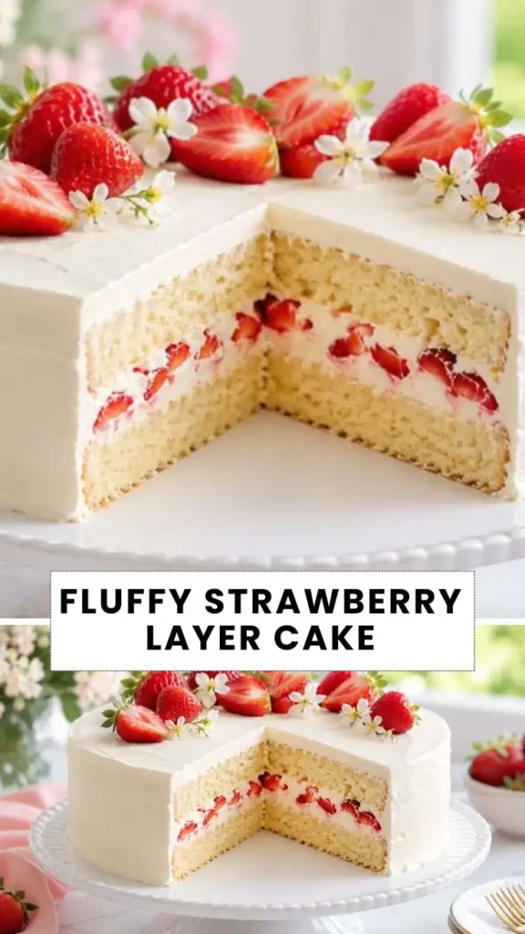 Fluffy strawberry layer cake with fresh strawberries, vanilla sponge, creamy frosting, and sliced strawberry filling.