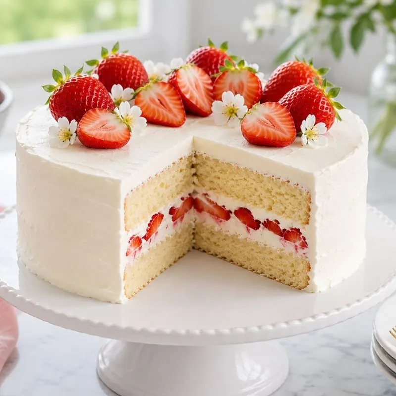 Fluffy strawberry layer cake with fresh strawberries, vanilla sponge, and creamy white frosting.