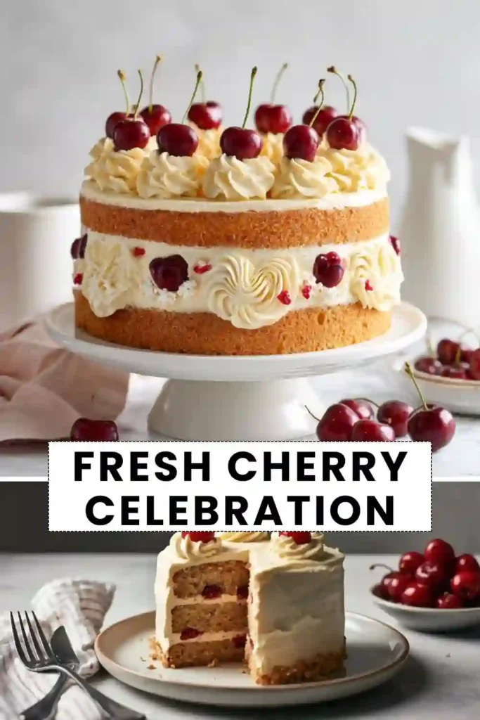 Fresh cherry celebration cake with vanilla buttercream frosting, fresh cherries on top, and layered sponge cake filled with cream and cherries.