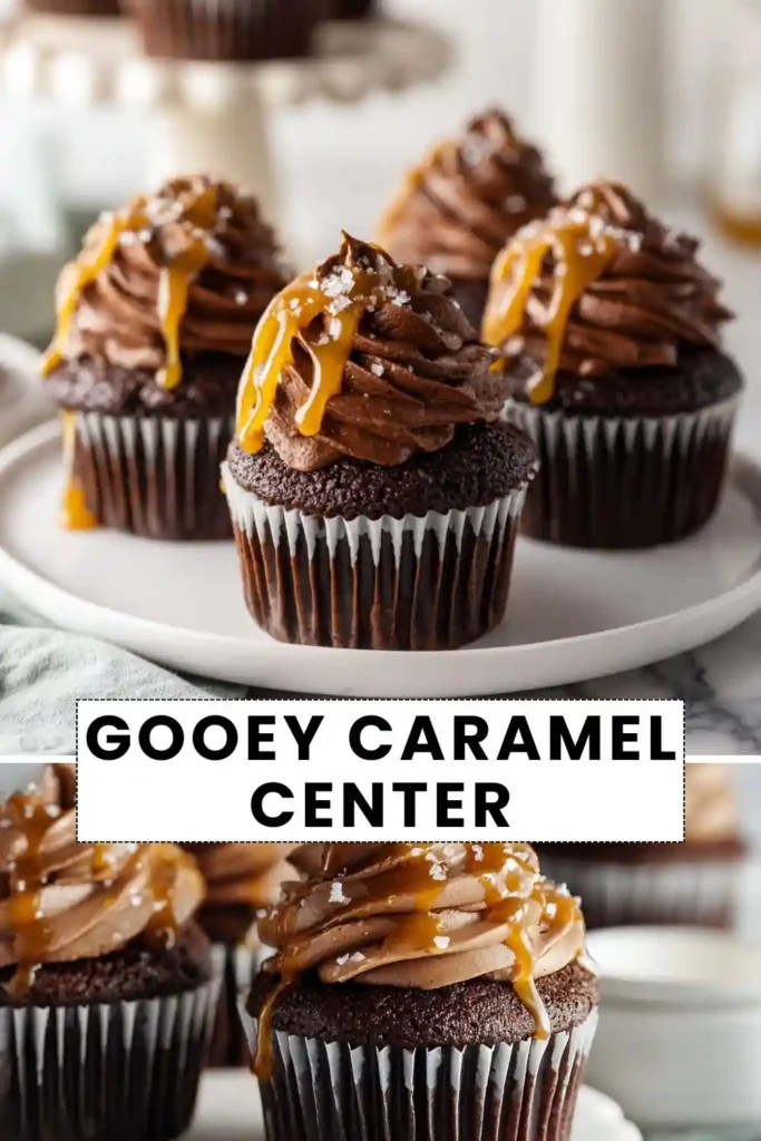 Gooey Caramel Center Chocolate Cupcakes Rich chocolate cupcakes topped with chocolate buttercream, caramel drizzle, and flaky sea salt on a serving plate.